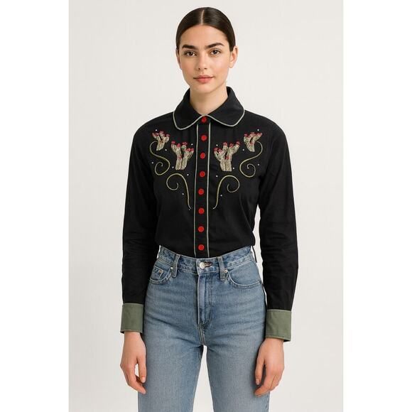 Collectif London Western Cactus Embroidered Shirt Black Red Buttons Size S UK 10 - Picture 1 of 12